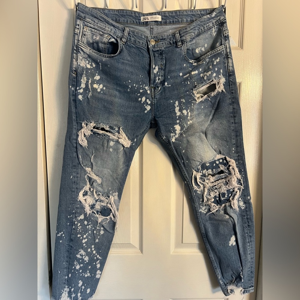 SOLD Zara Man Distressed And Bleached Slim Skinny Denim Jeans Moto Biker Skater
